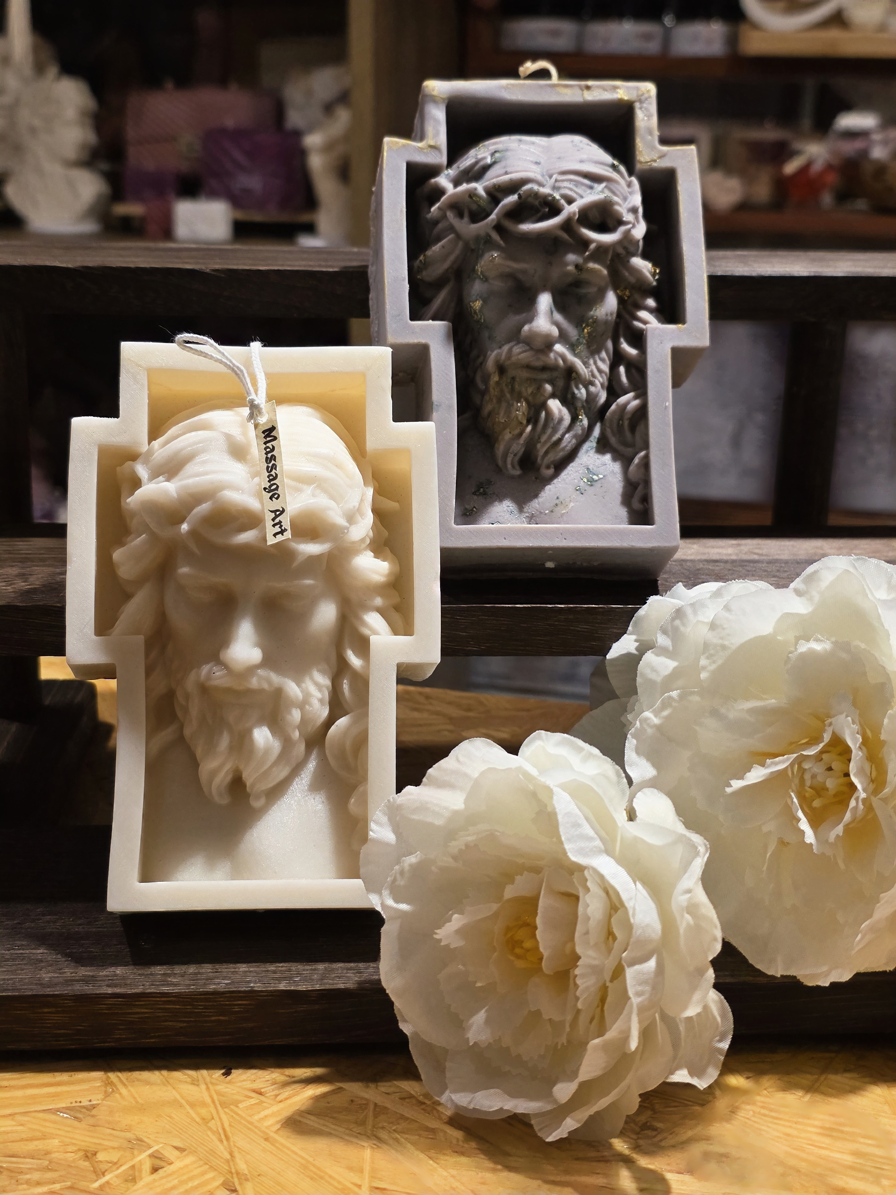 Handcrafted massage candle: "Sacred Grace" Jesus Christ Sculptural Cross Candle (with Gold Accents)