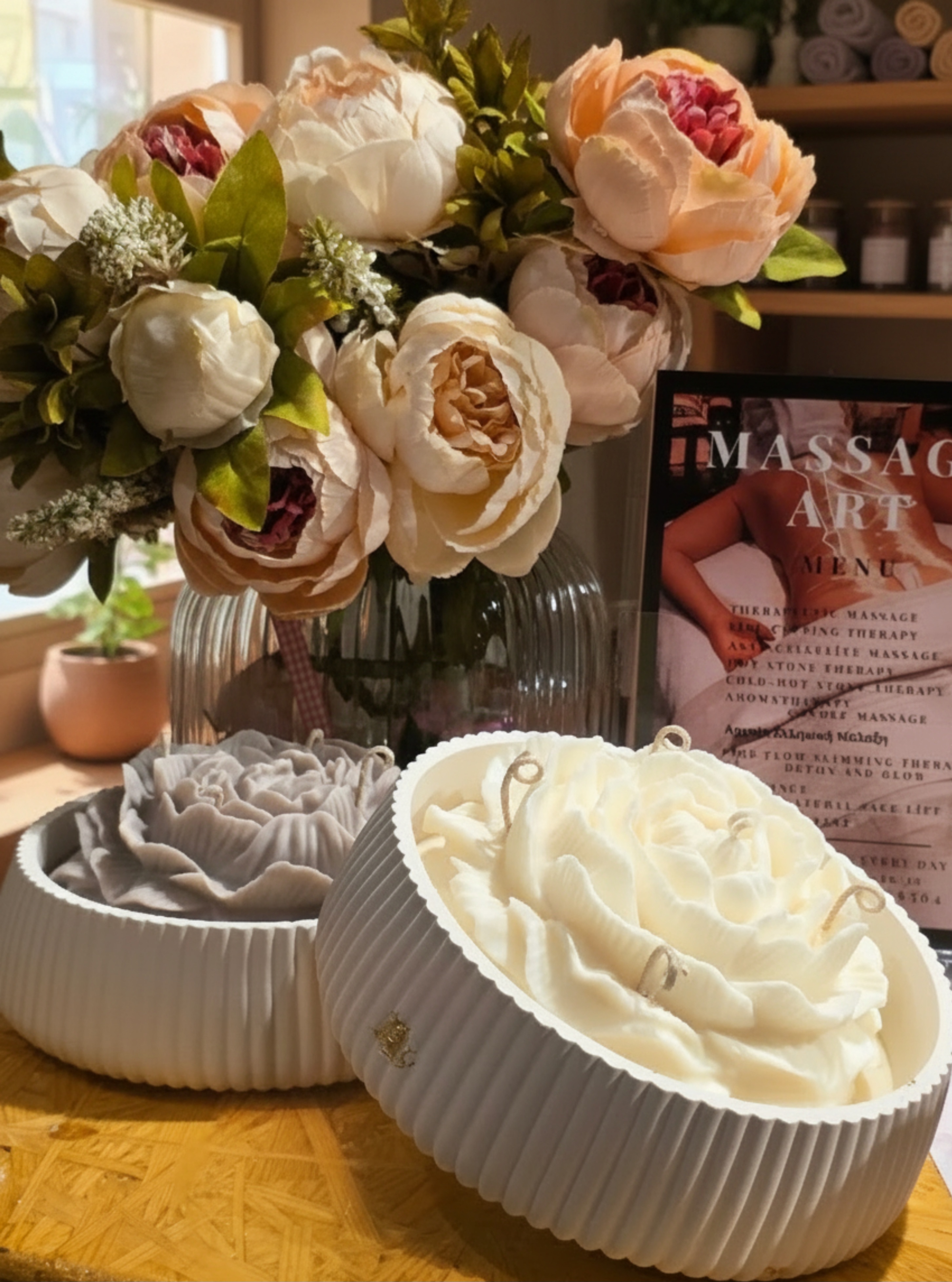 Handcrafted massage candle: The Blossom Empire: Luxury Peony & Ribbed Vessel Candle