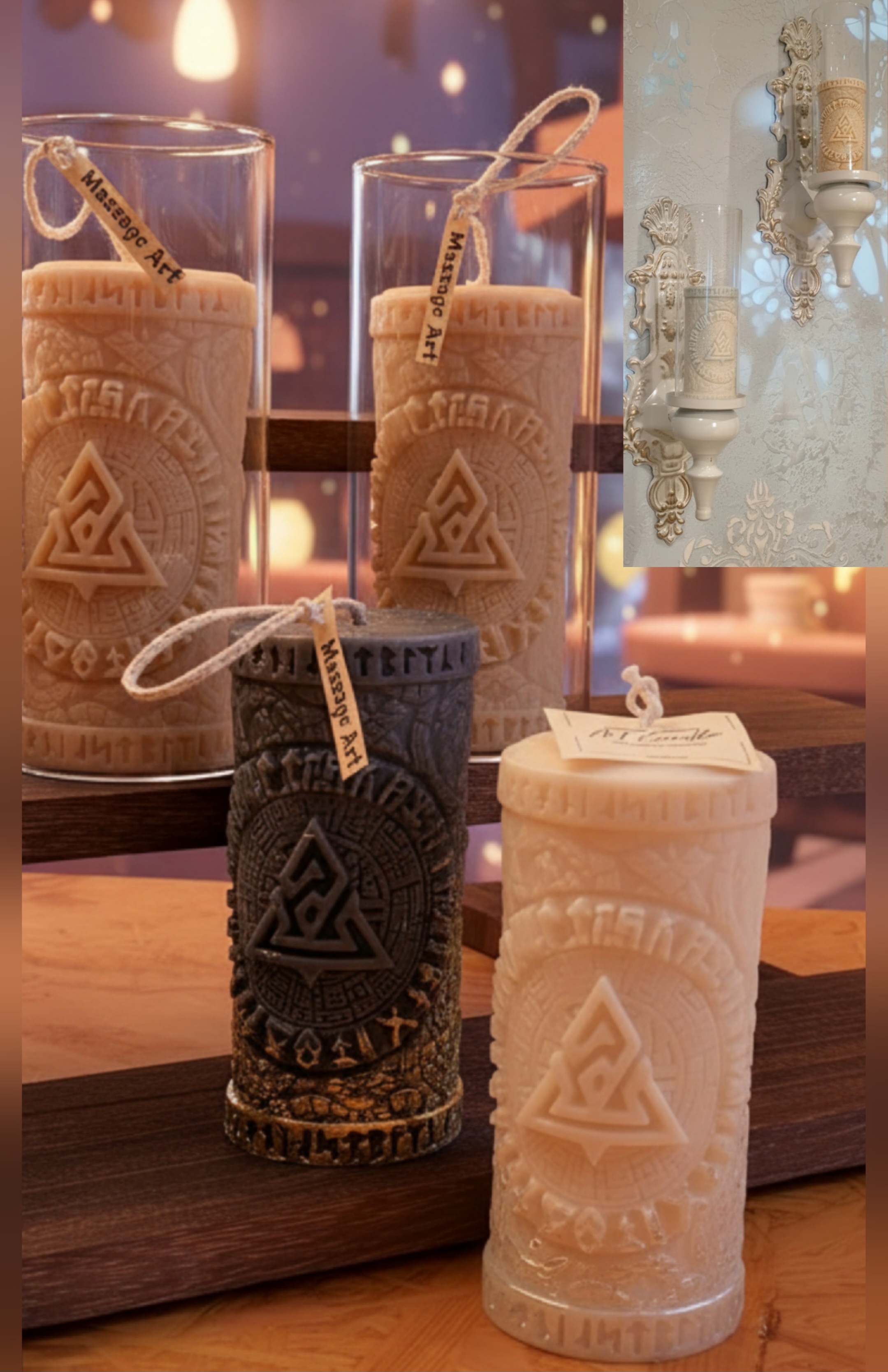 Handcrafted massage candle: "Nordic Serenity" Valknut & Viking Runes Rapeseed Wax Pillar Candle