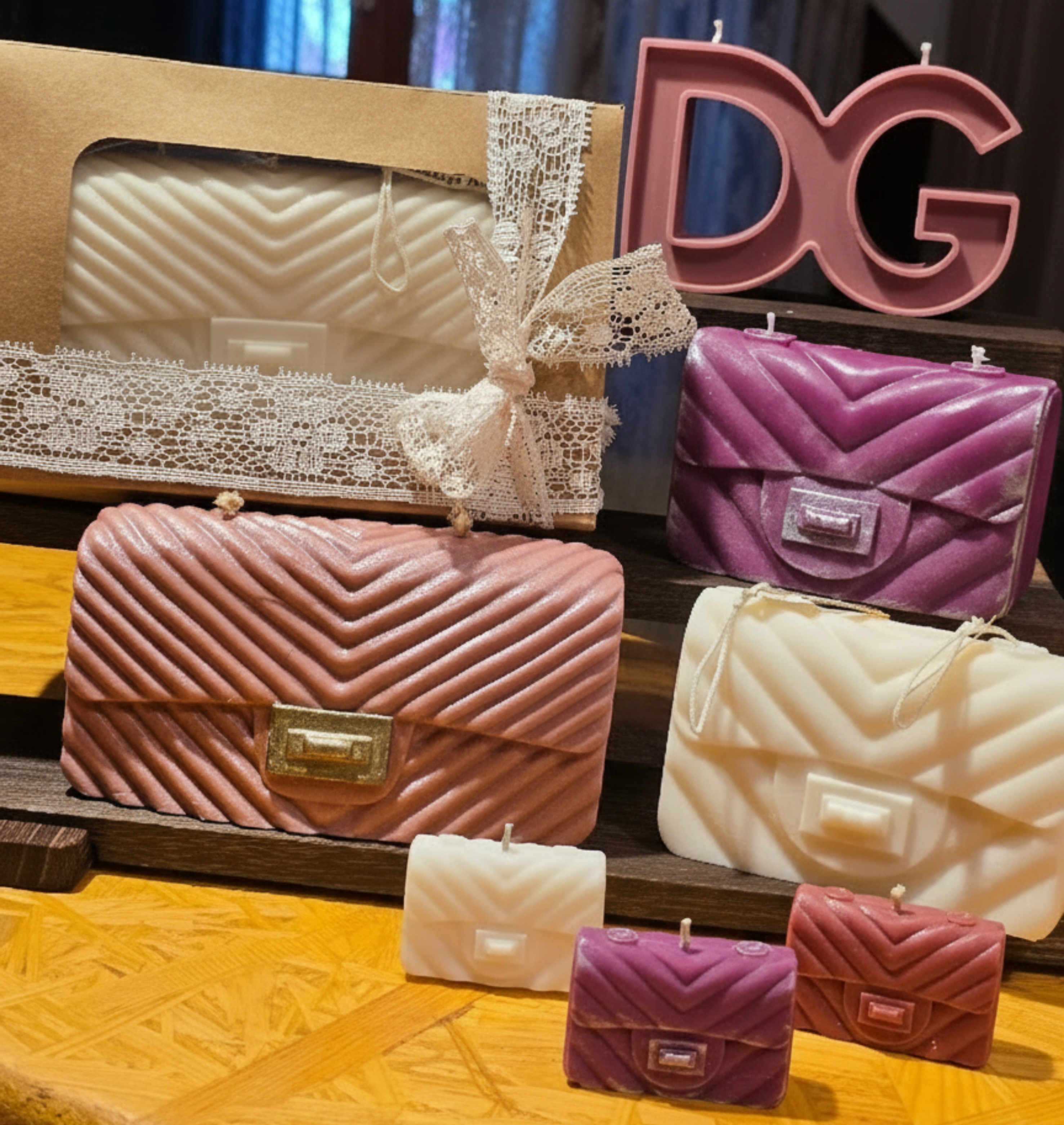 Handcrafted massage candle: Large (17x9x5 cm): "Marmont Luxe" Large Designer Handbag Soy-Blend Candle Small (12.5x8x4 cm): "Marmont Petite" Designer Purse Candle The Monogram: "DG" Editorial Runway Initial Candle