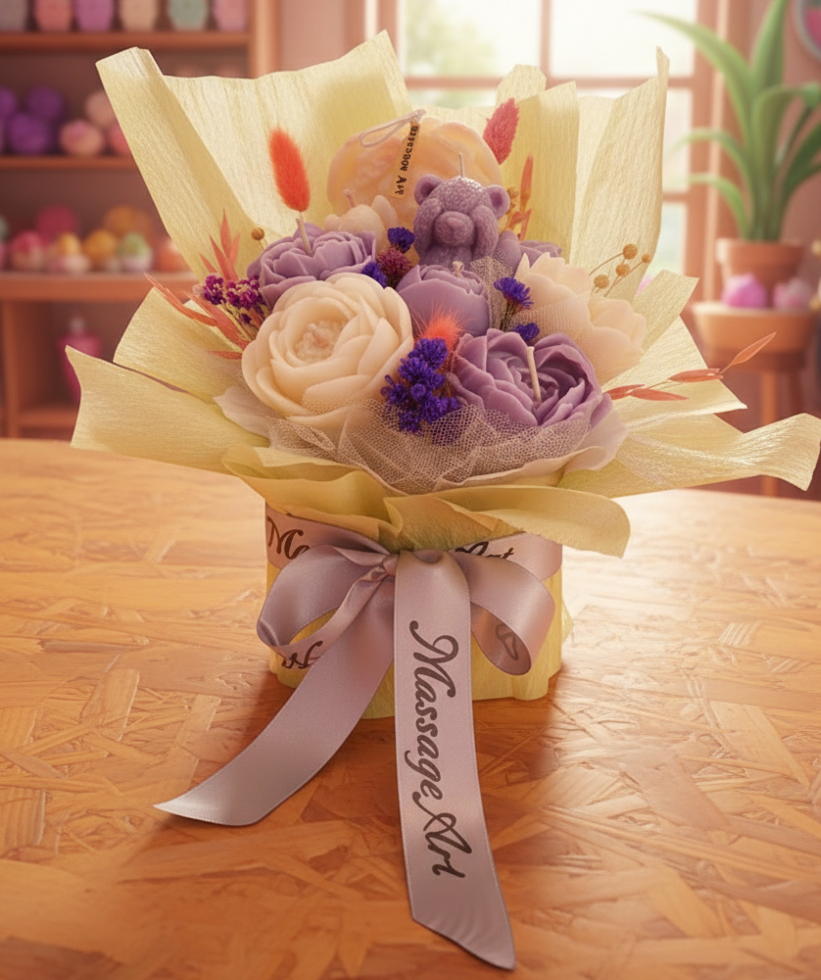 Handcrafted massage candle: The Velvet Dream: Chamomile Bear & Blossom Bouquet